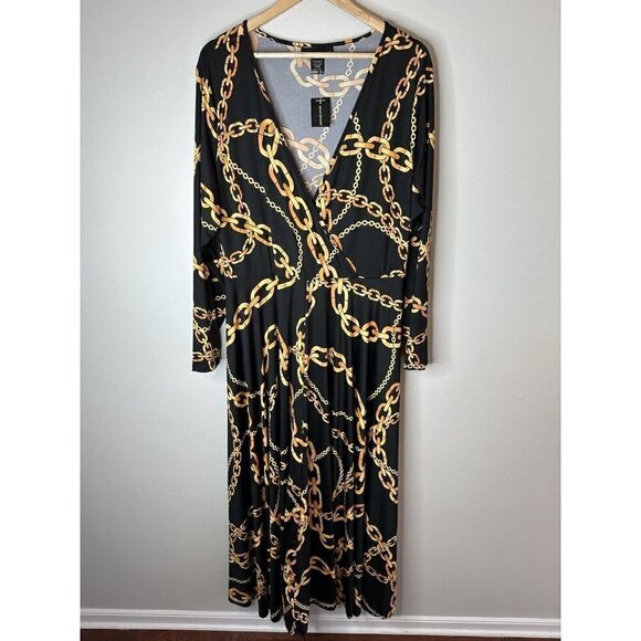 NEW Ashley Stewart Womens Black Gold Long Sleeve Chain Maxi Dress w/Slit 18/20 - Picture 2 of 13